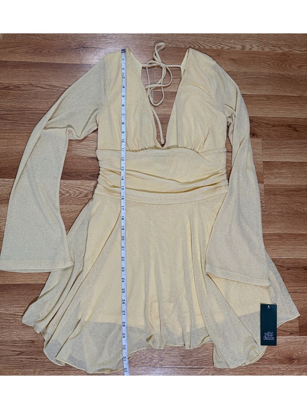 Wild Fable Bell Sleeve Mini Dress – Yellow V‑Neck Tie Back Size M
